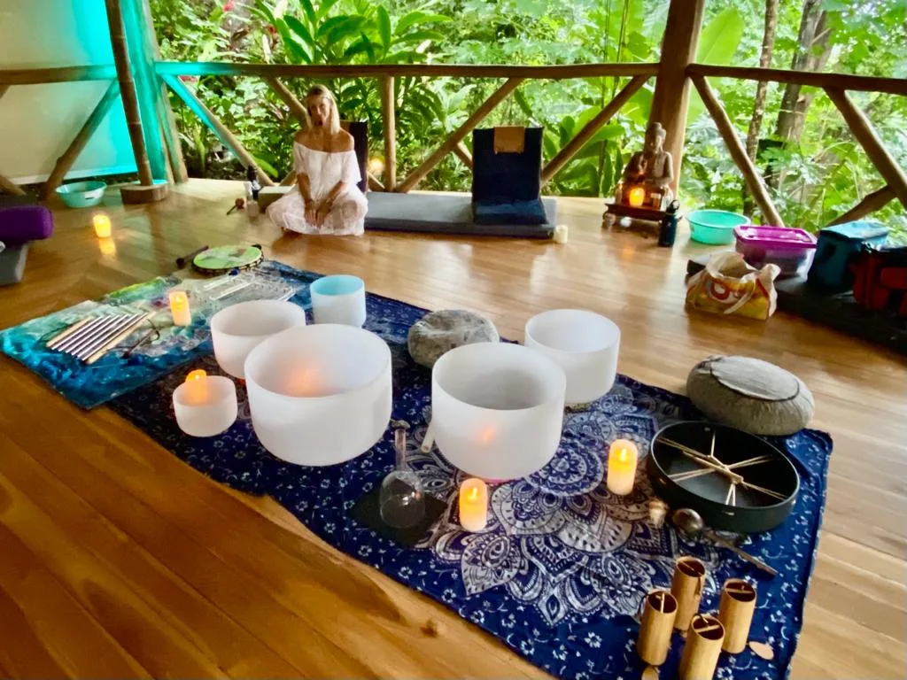 Crystal singing bowls laid in the shala
