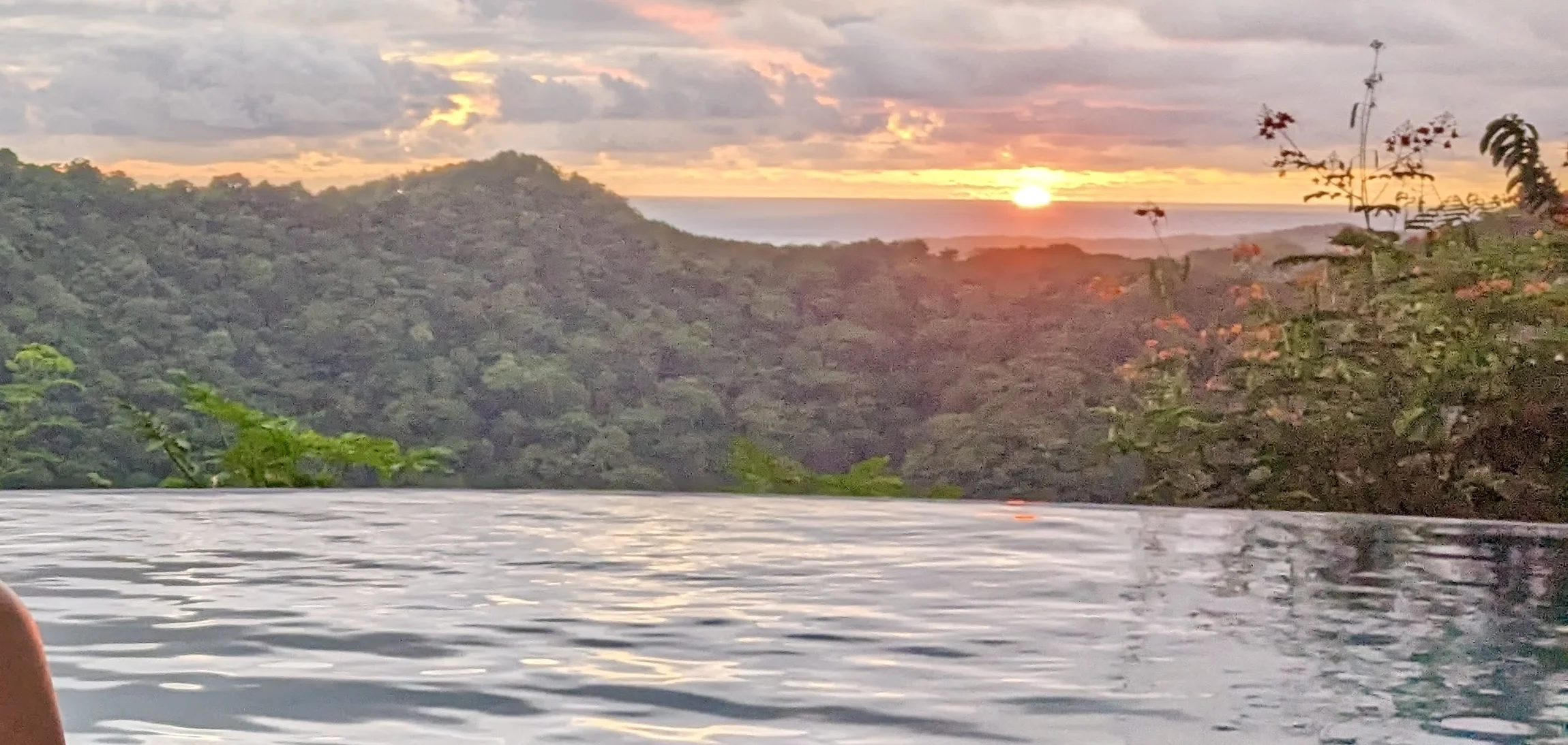 Sunset over the jungle and sea from the infinity pool