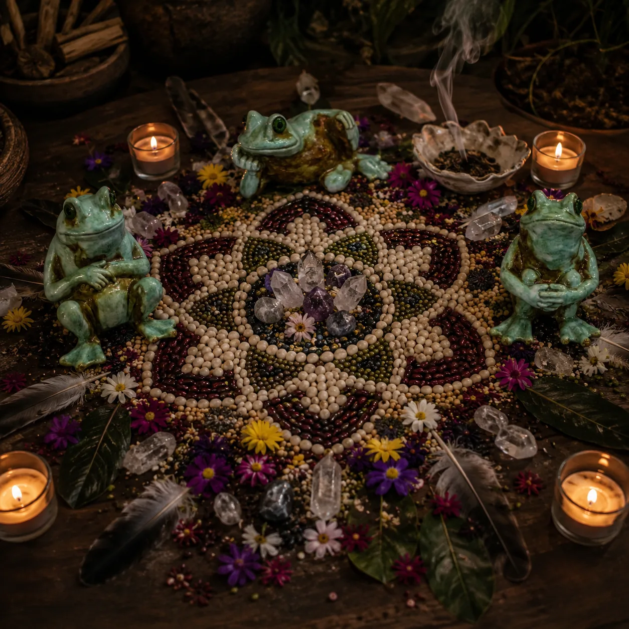 Ceremony altar with seed mandala, crystals and candlelight