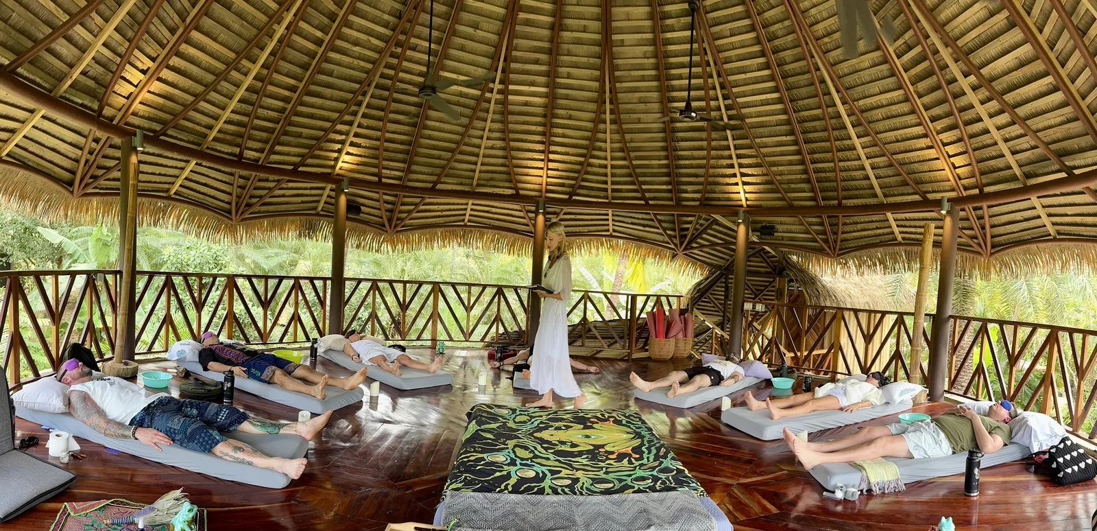 Susan guiding breathwork in the shala